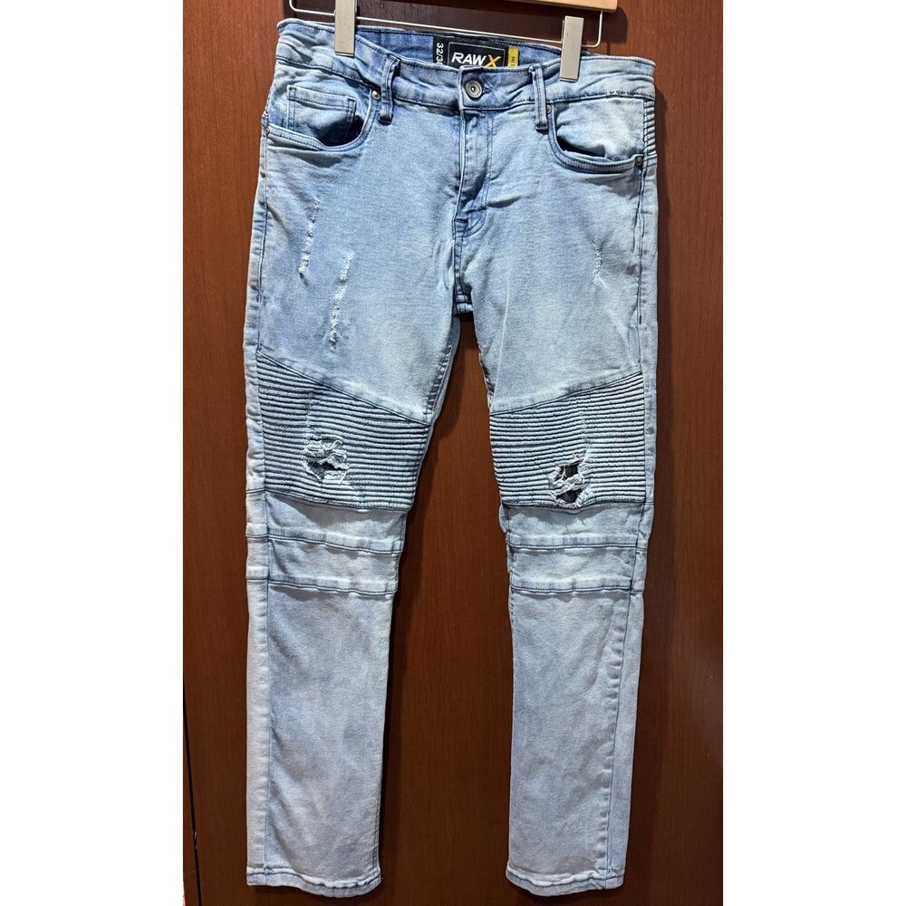 RAW X Men's 32x30 Slim Moto Jeans Light Wash Distressed Biker Stretch Denim Pant